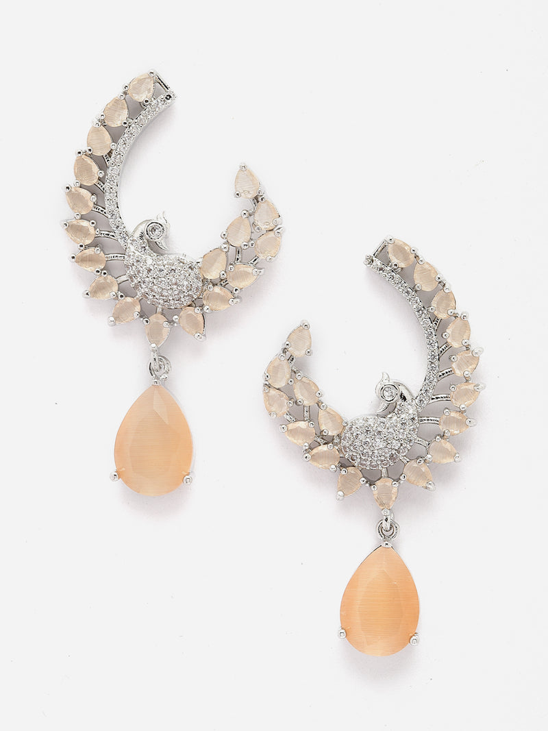 Rhodium-Plated Orange American Diamond studded Peacock & Feather Shaped Drop Earrings
