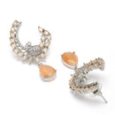 Rhodium Plated Peacock Feather Orange American Diamond Contemporary Long Drop Earrings