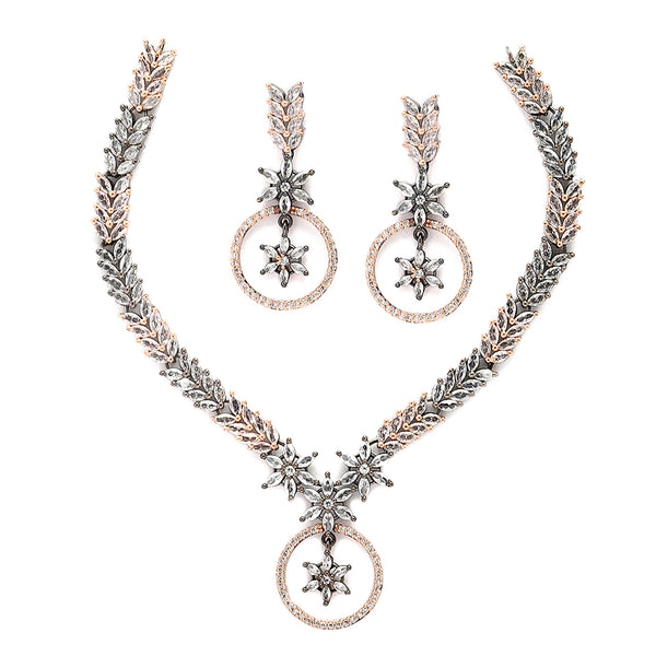Rose Gold-Plated Gunmetal Toned White American Diamond Studded Star & Leaf Shaped Jewellery Set