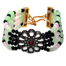 Gold Plated Floral Design Green & Black Beads Kundan Bracelet