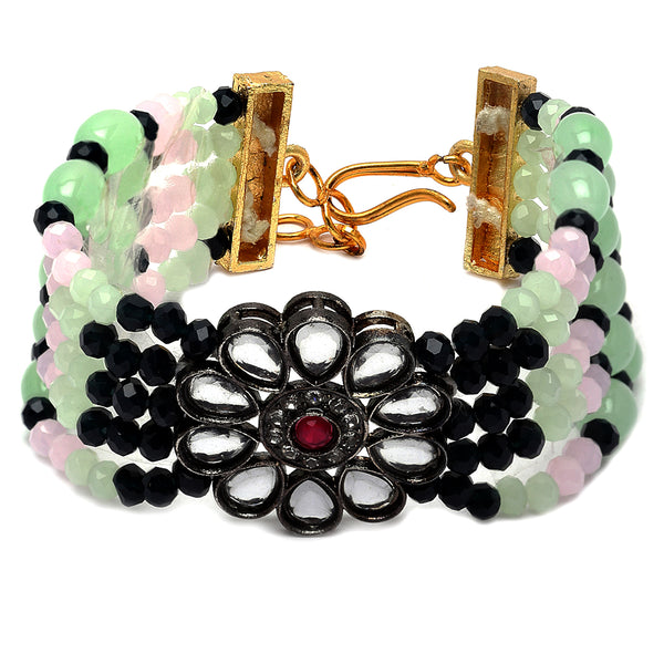 Gold Plated Floral Design Green & Black Beads Kundan Bracelet