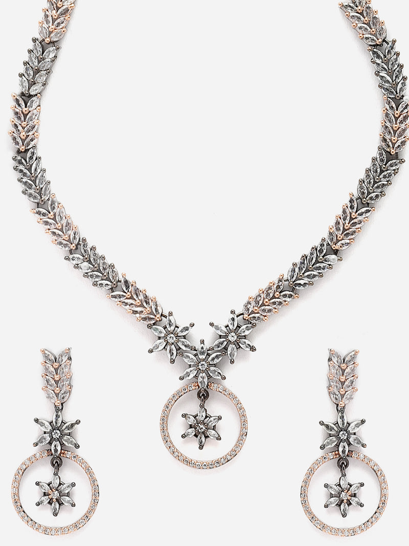 Rose Gold-Plated Gunmetal Toned White American Diamond Studded Star & Leaf Shaped Jewellery Set