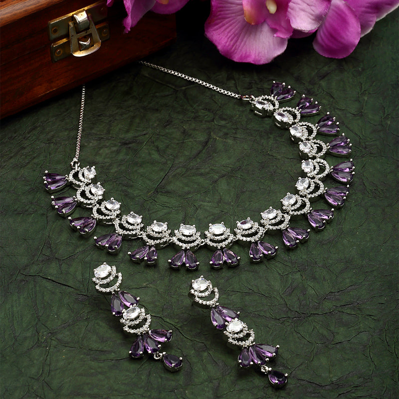 Rhodium-Plated Purple American Diamond Studded Teardrop & Crescent Shaped Necklace with Earrings Jewellery Set