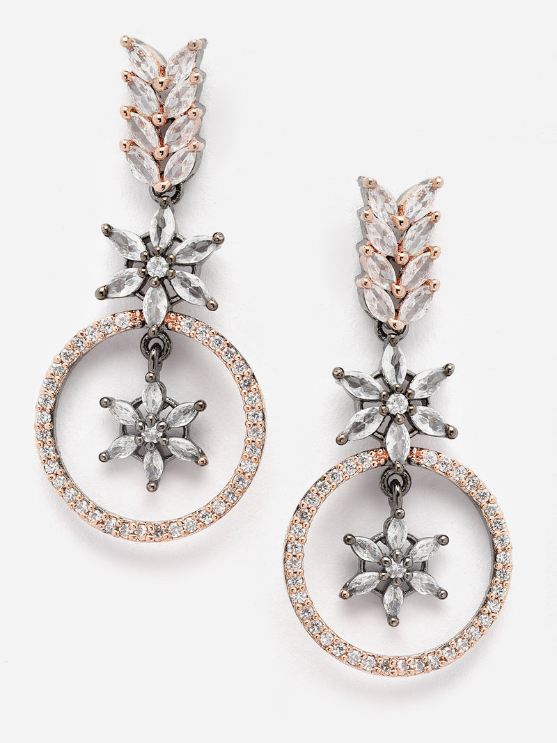 Rose Gold-Plated Gunmetal Toned White American Diamond Studded Star & Leaf Shaped Jewellery Set