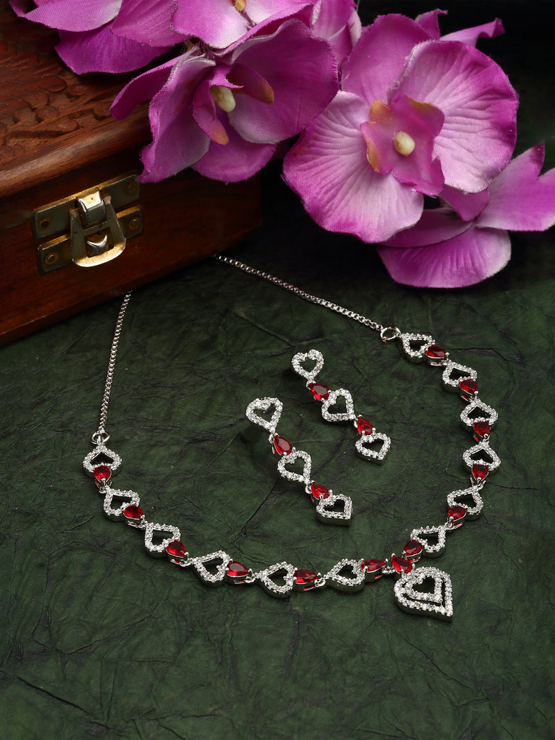Rhodium-Plated Red American Diamond Studded Heart Design Necklace & Earrings Jewellery Set