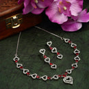 Rhodium-Plated Red American Diamond Studded Heart Design Necklace & Earrings Jewellery Set