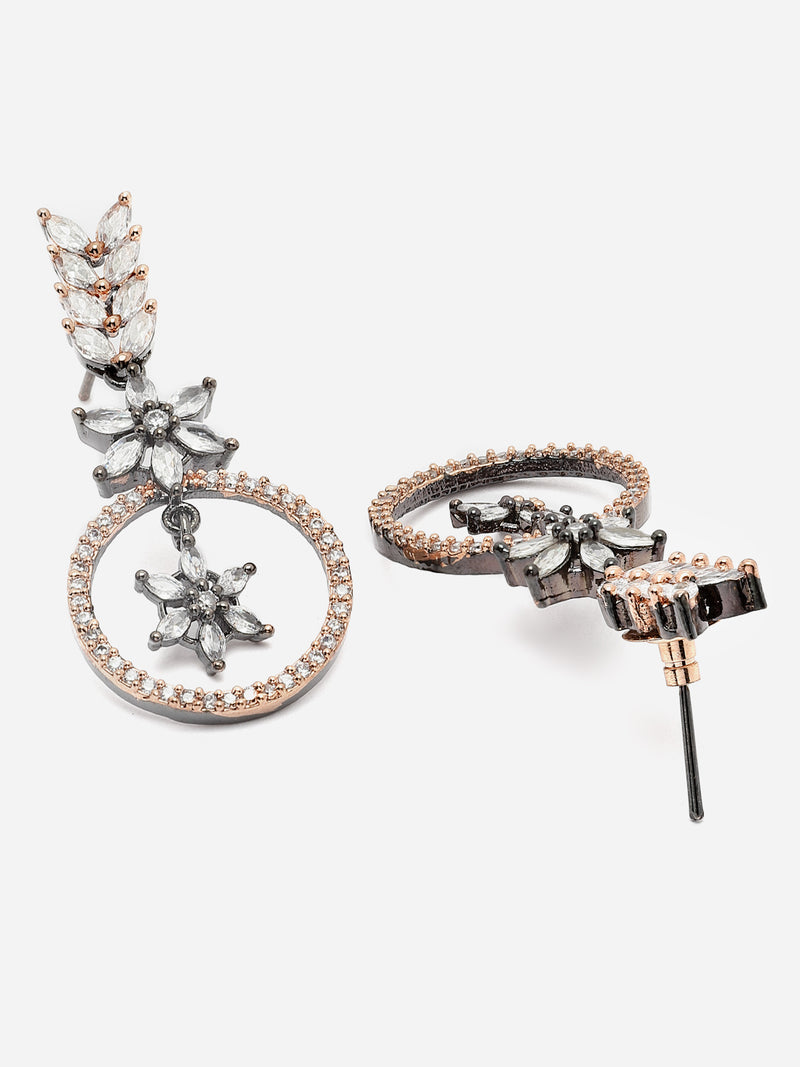 Rose Gold-Plated Gunmetal Toned White American Diamond Studded Star & Leaf Shaped Jewellery Set