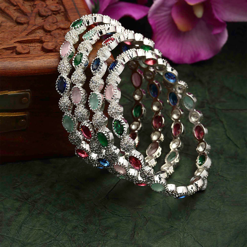 Rhodium-Plated Multi-Colour Oval Shape American Diamond Studded Handcrafted Bangles Set of 4
