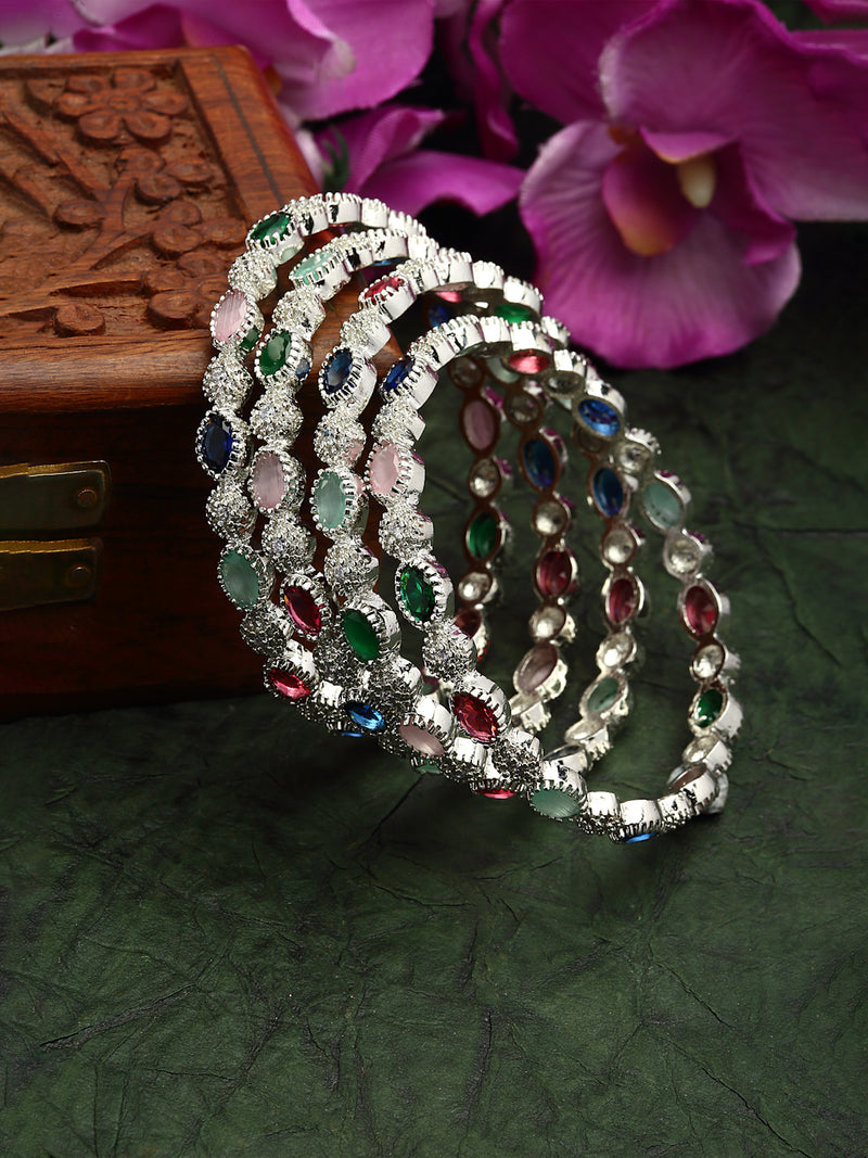 Rhodium-Plated Multi-Colour Oval Shape American Diamond Studded Handcrafted Bangles Set of 4