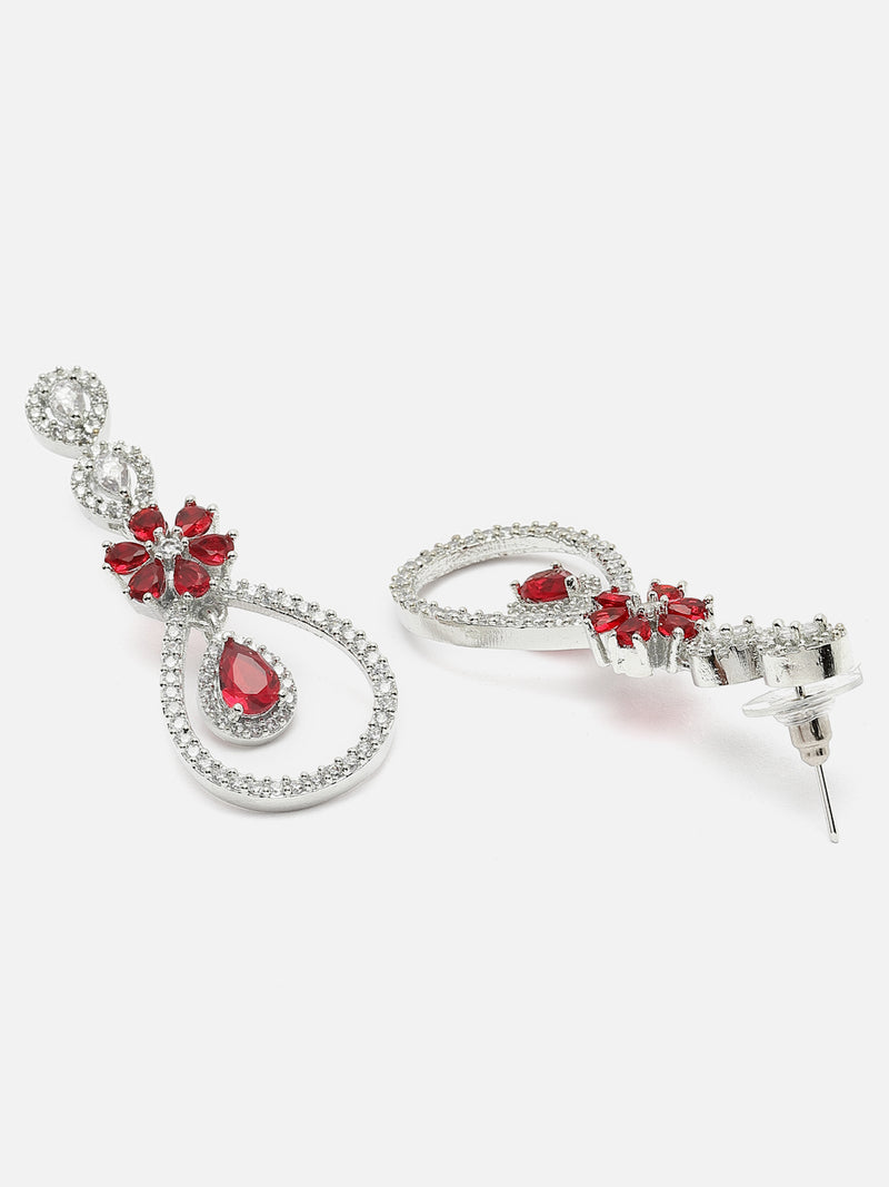 Rhodium-Plated Red American Diamond Studded Teardrop & Floral Shaped Jewellery Set