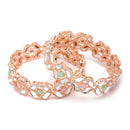 Rose Gold Plated Leaf Pink & Sea Green Cubic Zirconia Studded Combo - Necklace, Earrings, Bangles