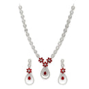 Rhodium-Plated Red American Diamond Studded Teardrop & Floral Shaped Jewellery Set