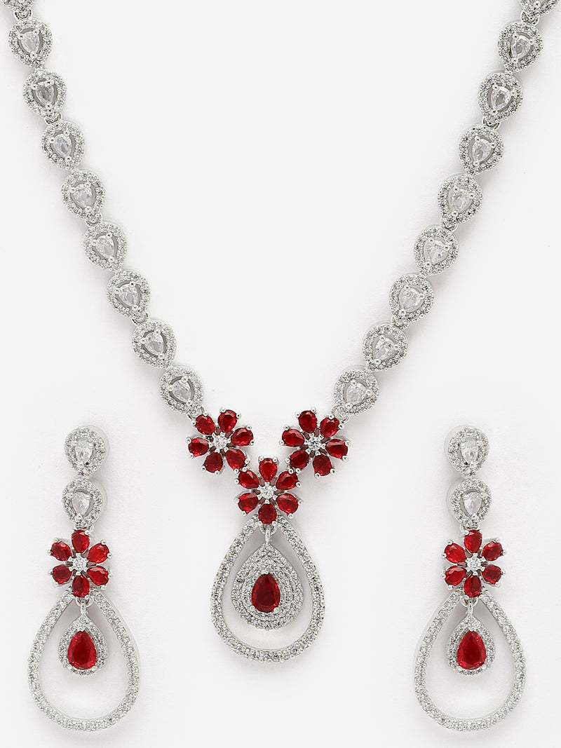Rhodium-Plated Red American Diamond Studded Teardrop & Floral Shaped Jewellery Set