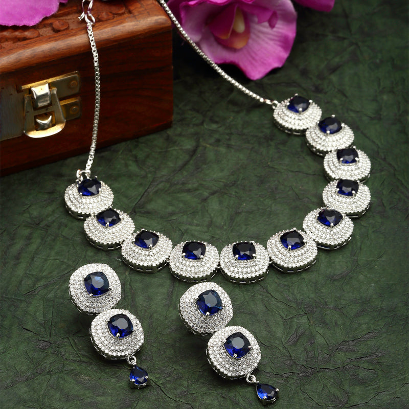 Rhodium-Plated Navy Blue Cubic Zirconia Studded Necklace with Earrings Jewellery Set
