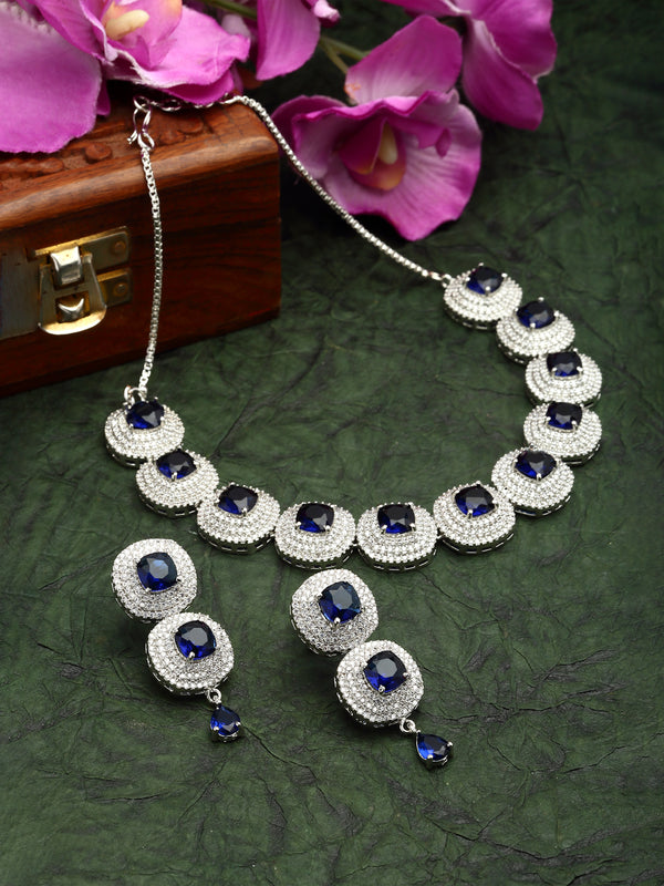 Rhodium-Plated Navy Blue Cubic Zirconia Studded Necklace with Earrings Jewellery Set