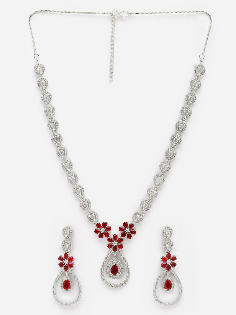 Rhodium-Plated Red American Diamond Studded Teardrop & Floral Shaped Jewellery Set