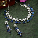Rhodium-Plated Navy Blue American Diamond Studded Teardrop & Crescent Shaped Necklace with Earrings Jewellery Set