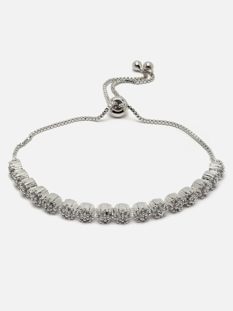 Rhodium-Plated Silver Toned White American Diamond studded Round & Butterfly Shaped Bracelet (Combo)