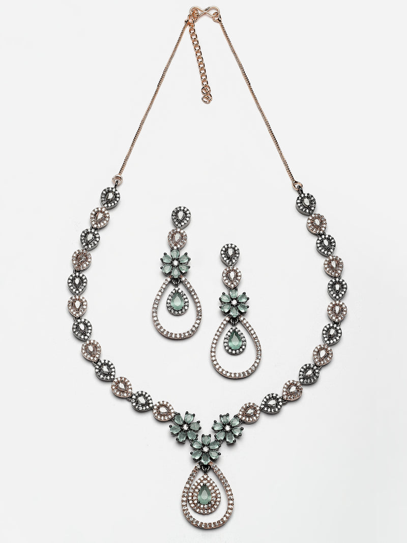 Rose Gold-Plated Gunmetal Toned Sea Green American Diamond Studded Teardrop & Floral Jewellery Set