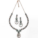 Rose Gold-Plated Gunmetal Toned Sea Green American Diamond Studded Teardrop & Floral Jewellery Set
