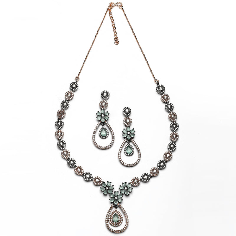 Rose Gold-Plated Gunmetal Toned Sea Green American Diamond Studded Teardrop & Floral Jewellery Set