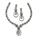Rose Gold-Plated Gunmetal Toned Sea Green American Diamond Studded Teardrop & Floral Jewellery Set
