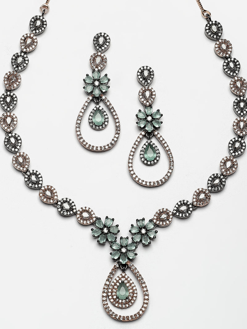 Rose Gold-Plated Gunmetal Toned Sea Green American Diamond Studded Teardrop & Floral Jewellery Set