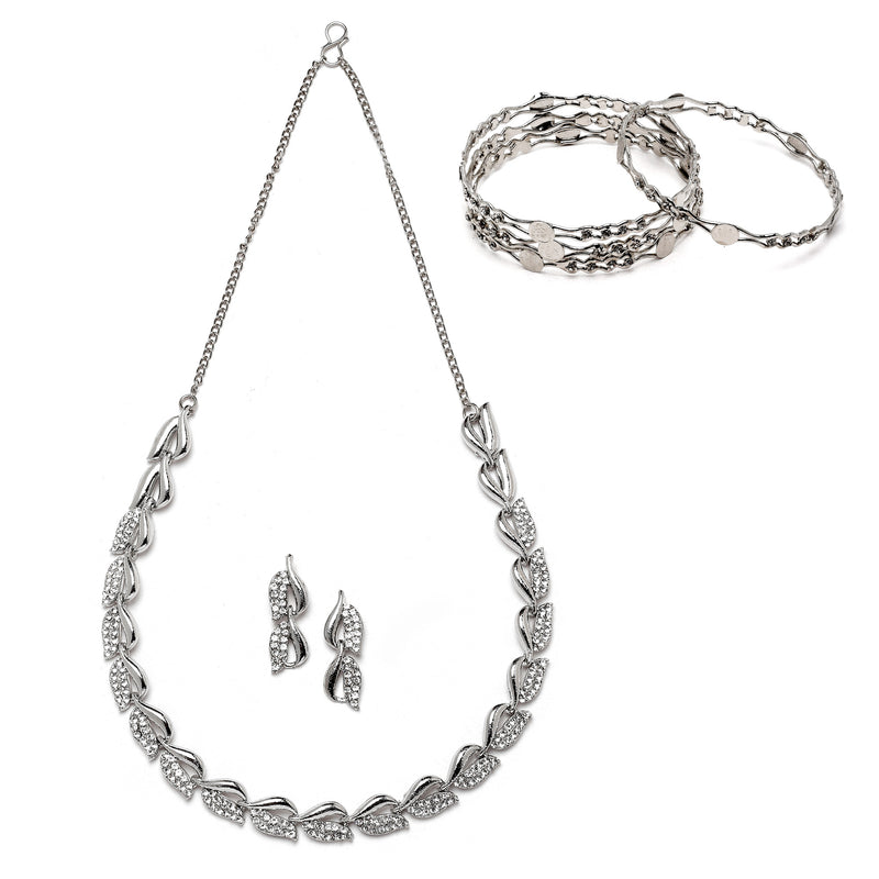 Rhodium Plated Silver Toned Leaf White Cubic Zirconia Studded Combo - Necklace, Earrings, Bangles