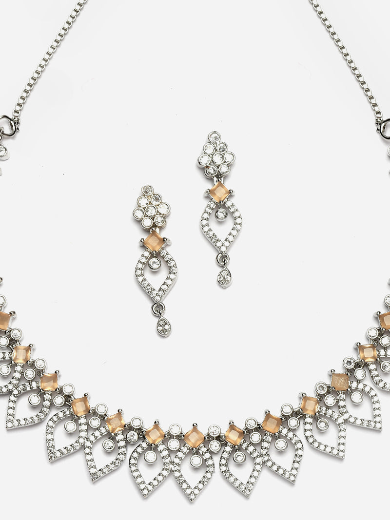 Rhodium-Plated Orange American Diamond Studded Floral & Leaf Shaped Necklace with Earrings Jewellery Set