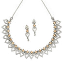 Rhodium-Plated Orange American Diamond Studded Floral & Leaf Shaped Necklace with Earrings Jewellery Set