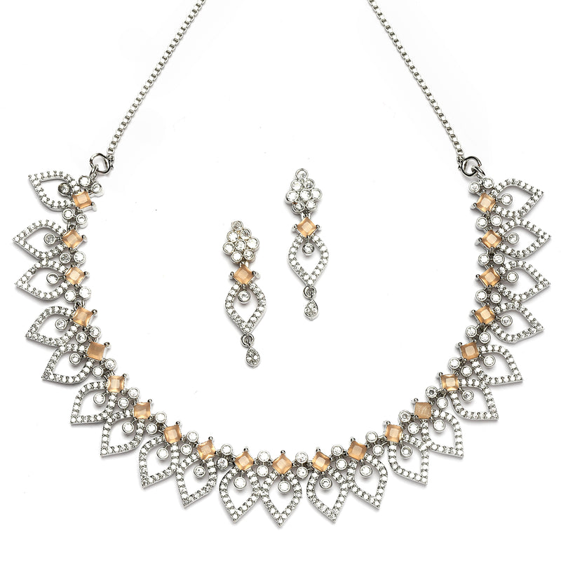 Rhodium-Plated Orange American Diamond Studded Floral & Leaf Shaped Necklace with Earrings Jewellery Set