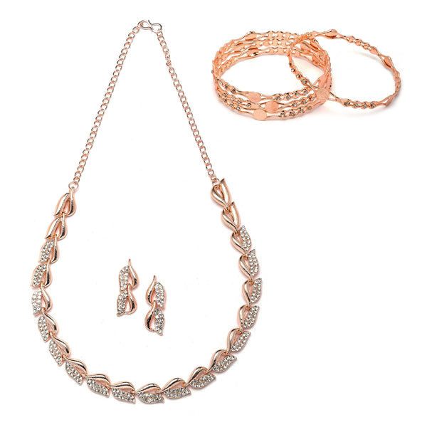 Rose Gold Plated Leaf White Cubic Zirconia Studded Combo - Necklace, Earrings, Bangles