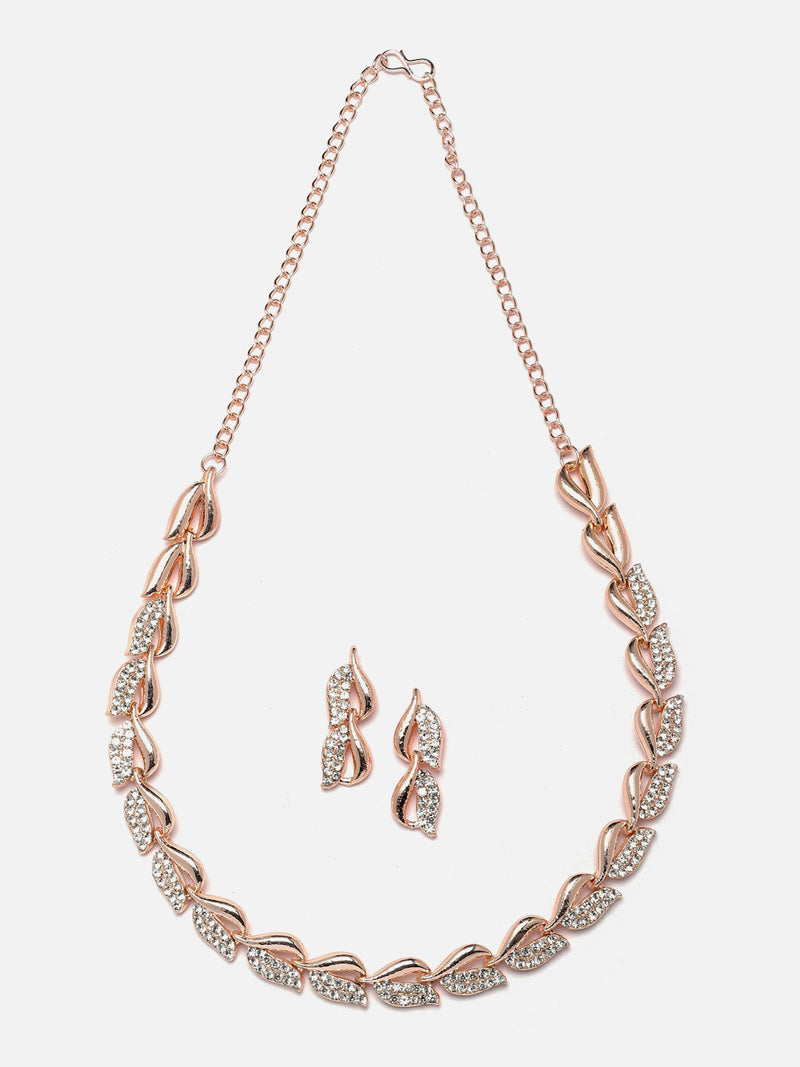 Rose Gold-Plated White American Diamond studded Leaf Shaped Jewellery Set