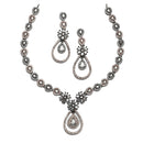 Rose Gold-Plated Gunmetal Toned White American Diamond Studded Teardrop & Floral Shape Jewellery Set