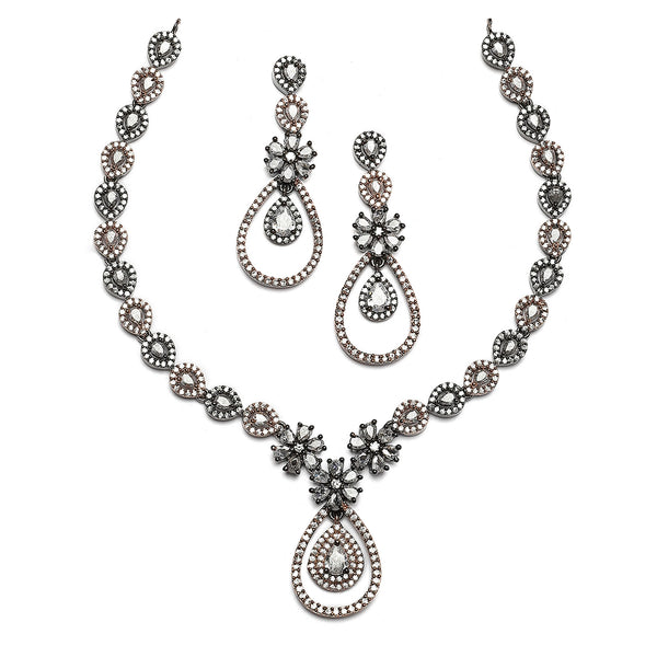 Rose Gold-Plated Gunmetal Toned White American Diamond Studded Teardrop & Floral Shape Jewellery Set