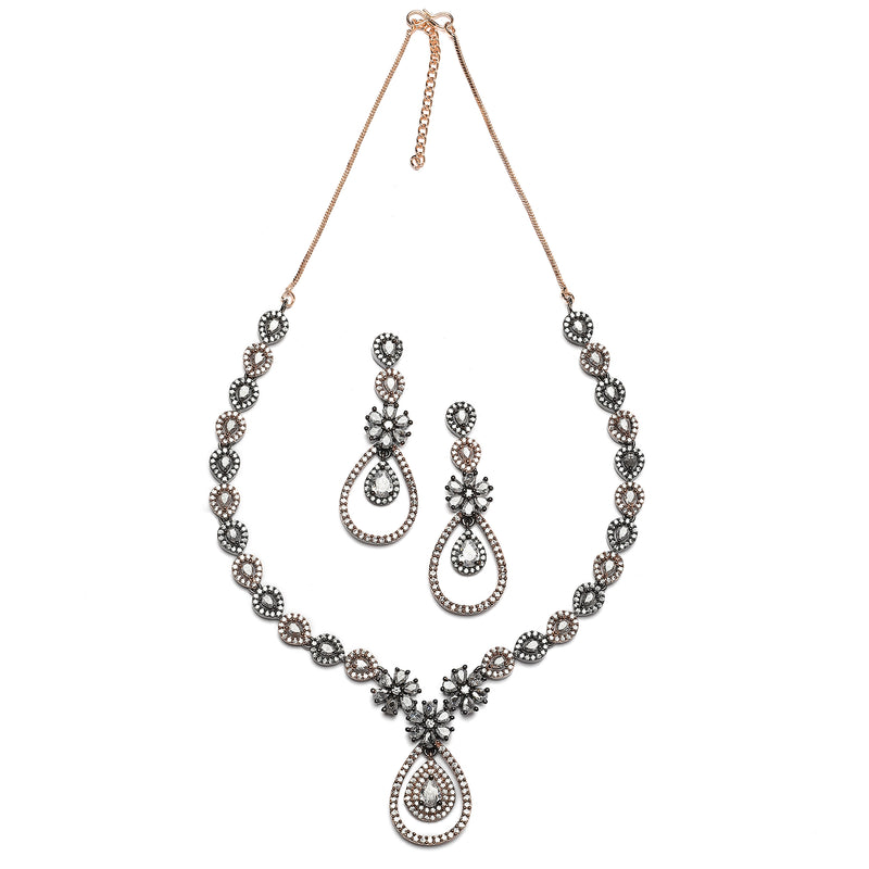 Rose Gold-Plated Gunmetal Toned White American Diamond Studded Teardrop & Floral Shape Jewellery Set