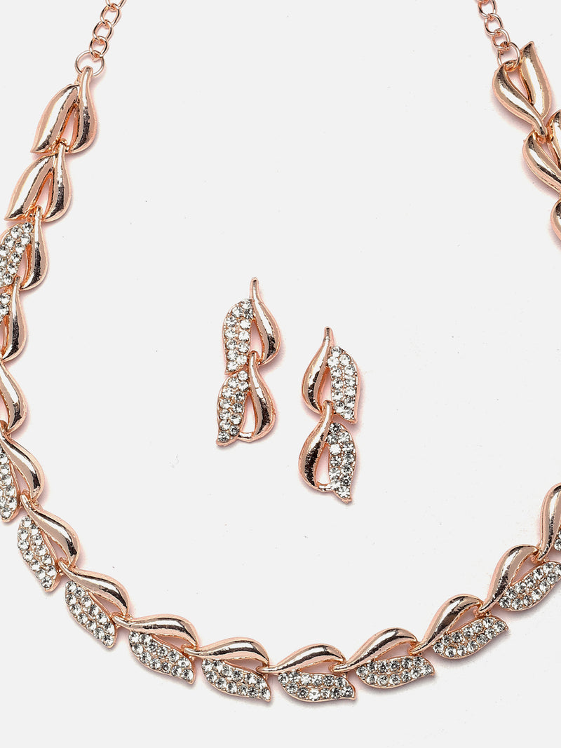 Rose Gold-Plated White American Diamond studded Leaf Shaped Jewellery Set