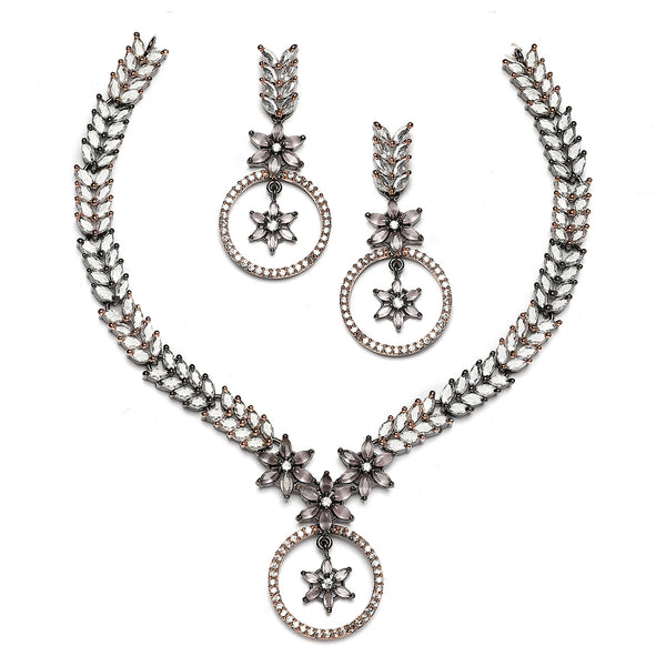 Rose Gold-Plated Gunmetal Toned Pink American Diamond Studded Star & Leaf Shaped Jewellery Set