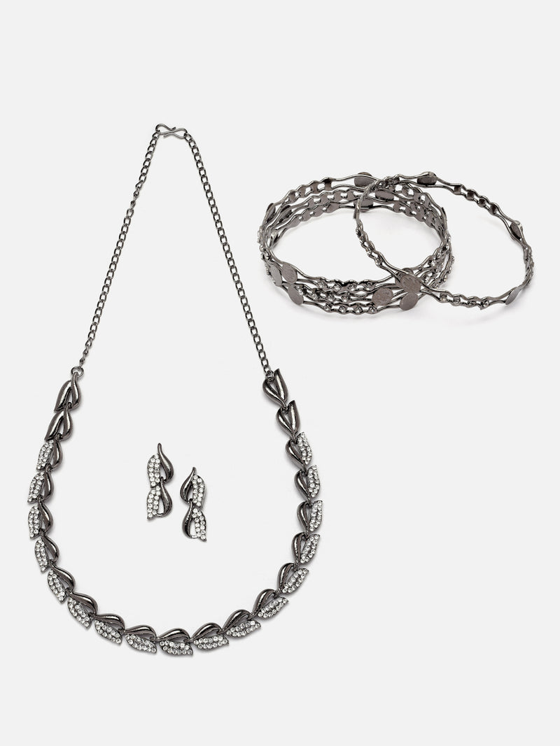 Silver-Plated Black Toned White American Diamond studded Leaf Shaped Jewellery Set