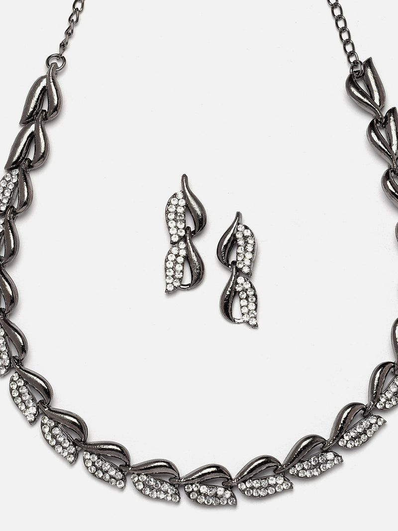 Silver-Plated Black Toned White American Diamond studded Leaf Shaped Jewellery Set