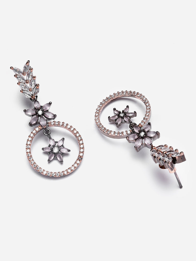 Rose Gold-Plated Gunmetal Toned Pink American Diamond Studded Star & Leaf Shaped Jewellery Set