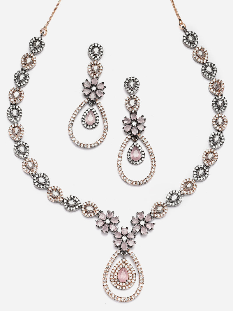 Rose Gold-Plated Gunmetal Toned Pink American Diamond Studded Teardrop & Floral Shape Jewellery Set