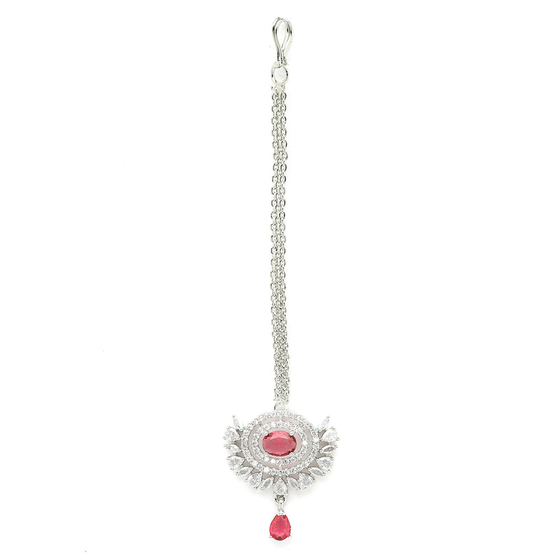Rhodium Plated Silver Toned Red Oval American Diamond Studded Maang Tikka