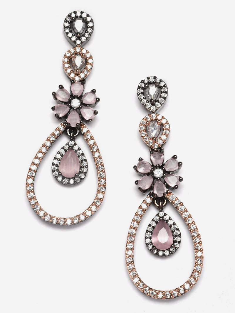 Rose Gold-Plated Gunmetal Toned Pink American Diamond Studded Teardrop & Floral Shape Jewellery Set