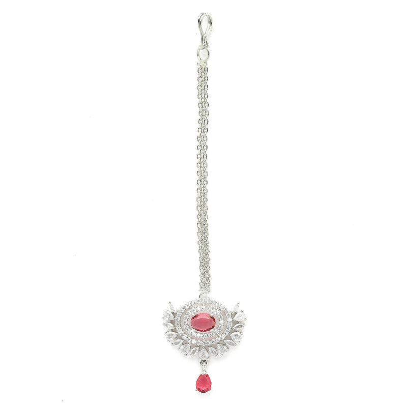 Rhodium Plated Silver Toned Red Oval American Diamond Studded Maang Tikka