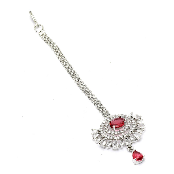 Rhodium Plated Silver Toned Red Oval American Diamond Studded Maang Tikka
