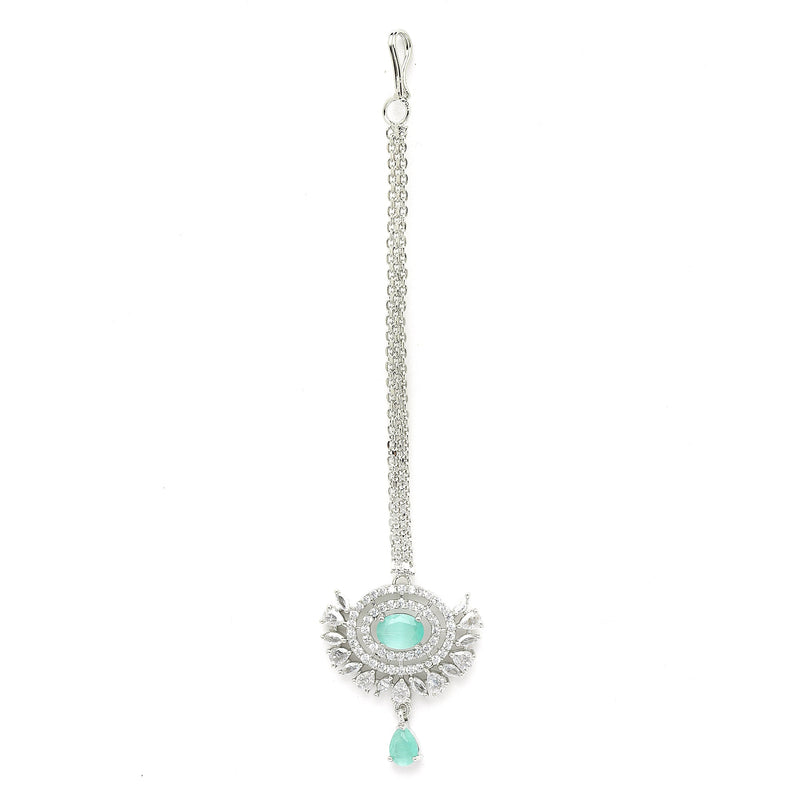 Rhodium Plated Silver Toned Mint Green Oval American Diamond Studded  Maang Tikka