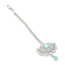 Rhodium Plated Silver Toned Mint Green Oval American Diamond Studded  Maang Tikka