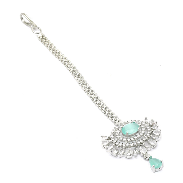 Rhodium Plated Silver Toned Mint Green Oval American Diamond Studded  Maang Tikka