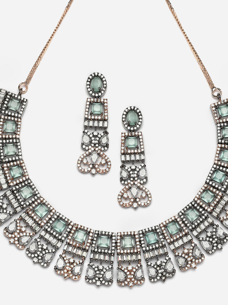 Rose Gold-Plated Gunmetal Toned Sea Green American Diamonds Studded Choker Necklace & Earrings Jewellery Set